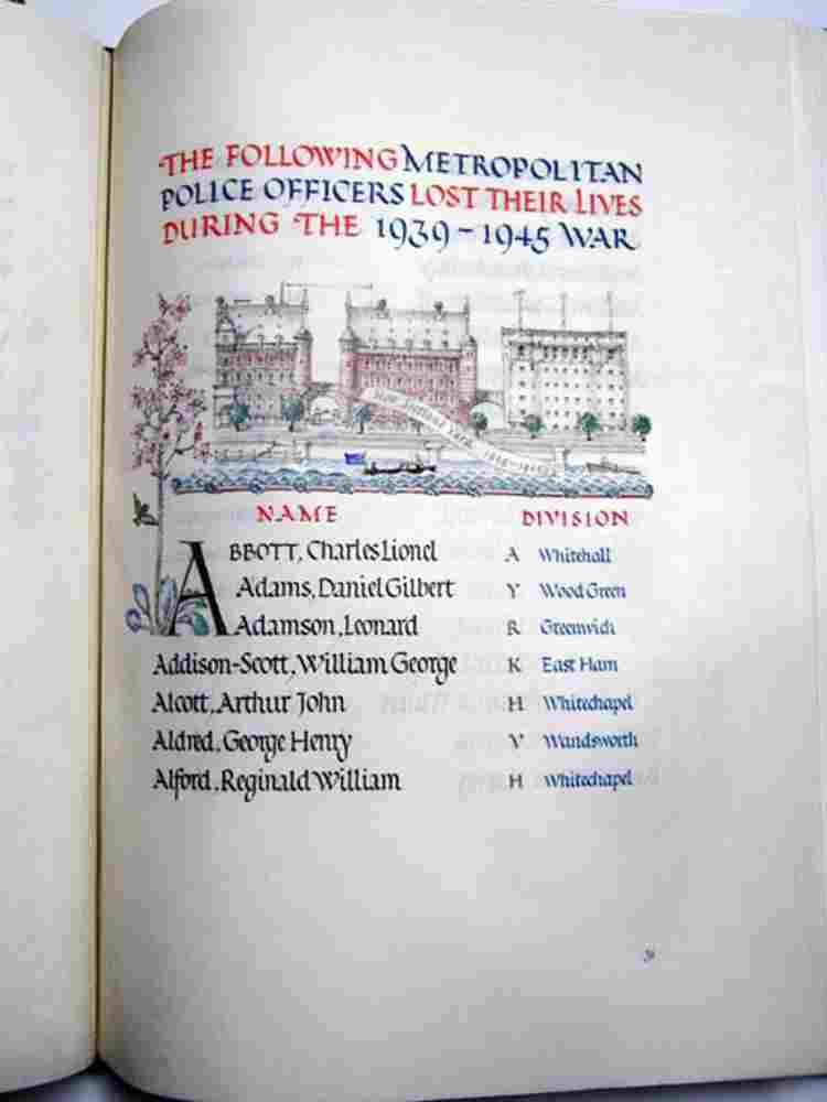 An illuminated page from the Police roll of honour with names and picture of New Scotland yard.