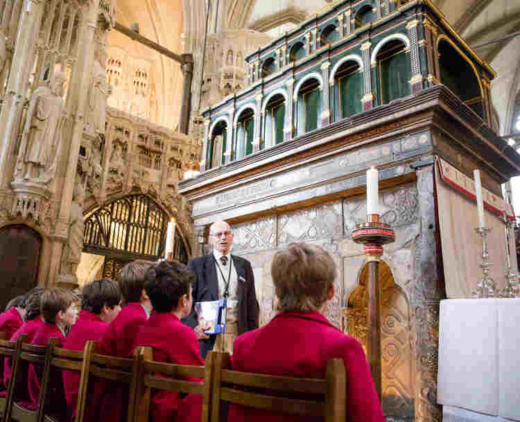 Photograph of children around the Shrine of St Edward the Confessor at Westminster Abbey