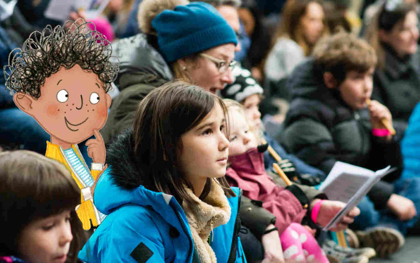 Photograph of children sitting on the floor listening to a story with an illustration of a child listening