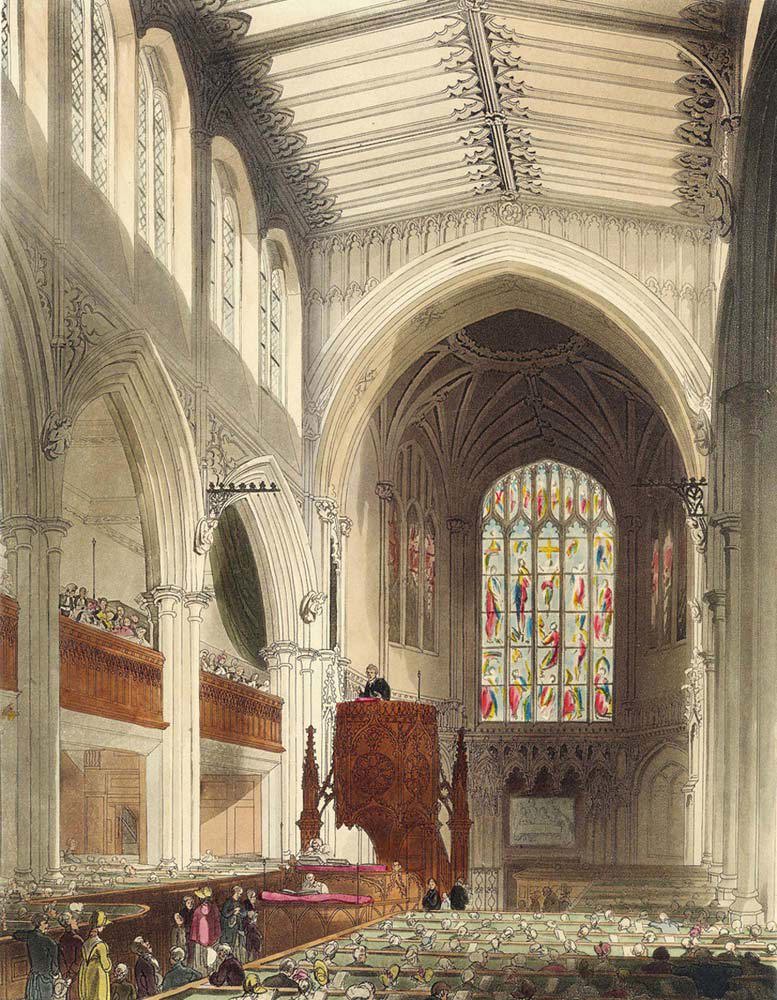 Engraving depicting a service in St Margaret's Westminster, circa 1809