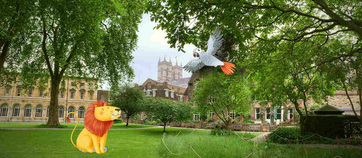 Photograph of illustrated lion and bird overlaid on photograph of College Garden in Westminster Abbey