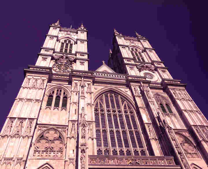 External view of Westminster Abbey with a magenta colouring