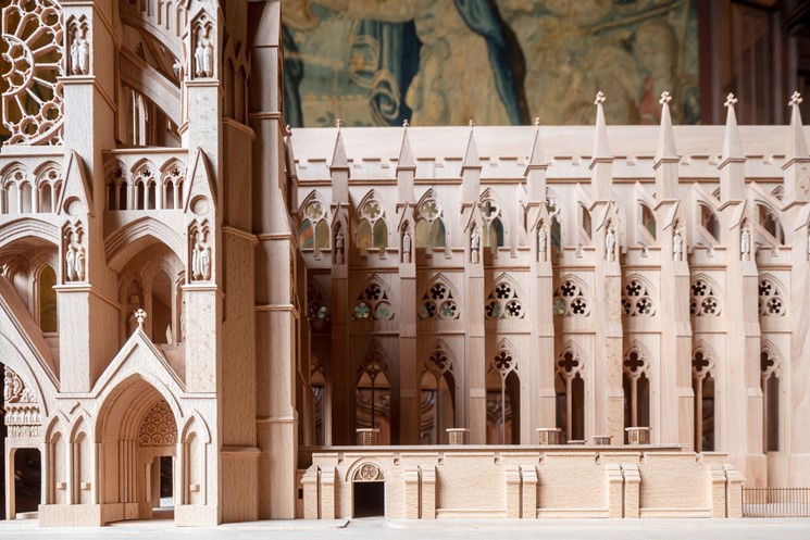A detailed wooden model of Westminster Abbey showing a proposed new sacristy building in front of the north side of the nave