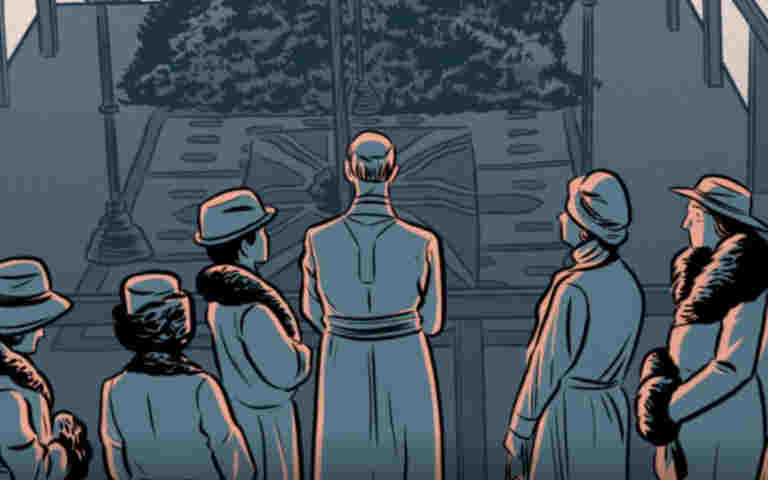 Illustration of the backs of people looking at the Grave of the Unknown Warrior in Westminster Abbey, as part of Remembrance Live schools event