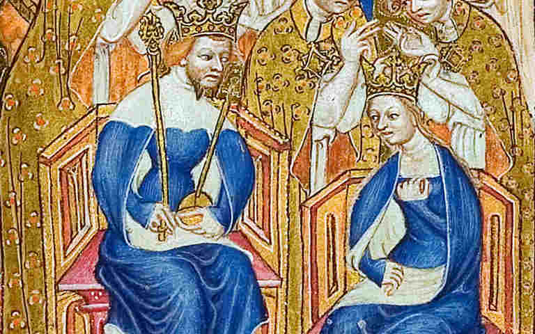 Photograph of king and queen within the Liber Regalis for a video about coronations