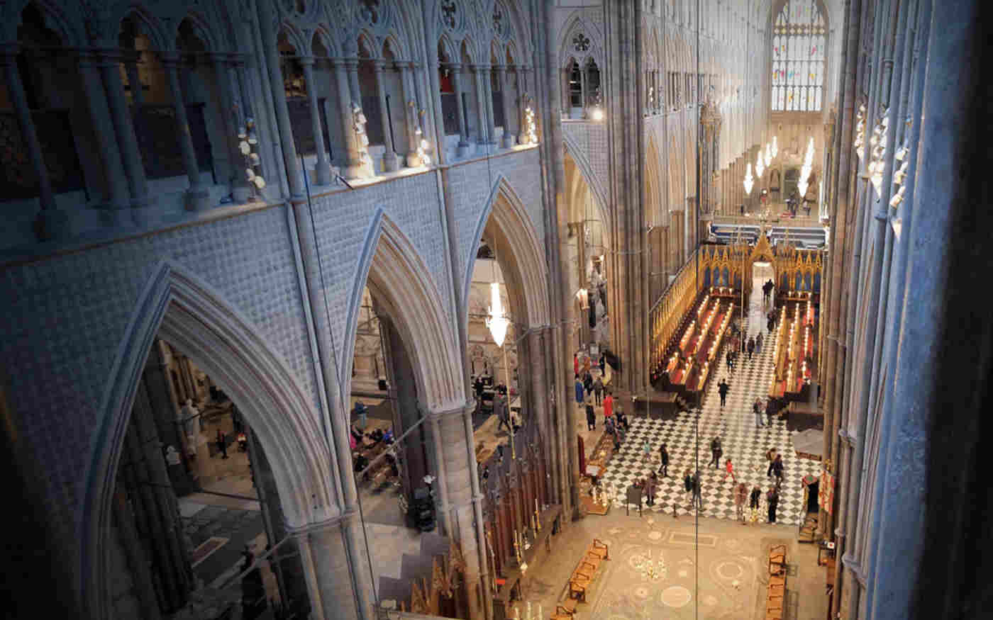 Photograph looking down on the High Altar, Cosmati Pavement and Quire within Westminster Abbey.