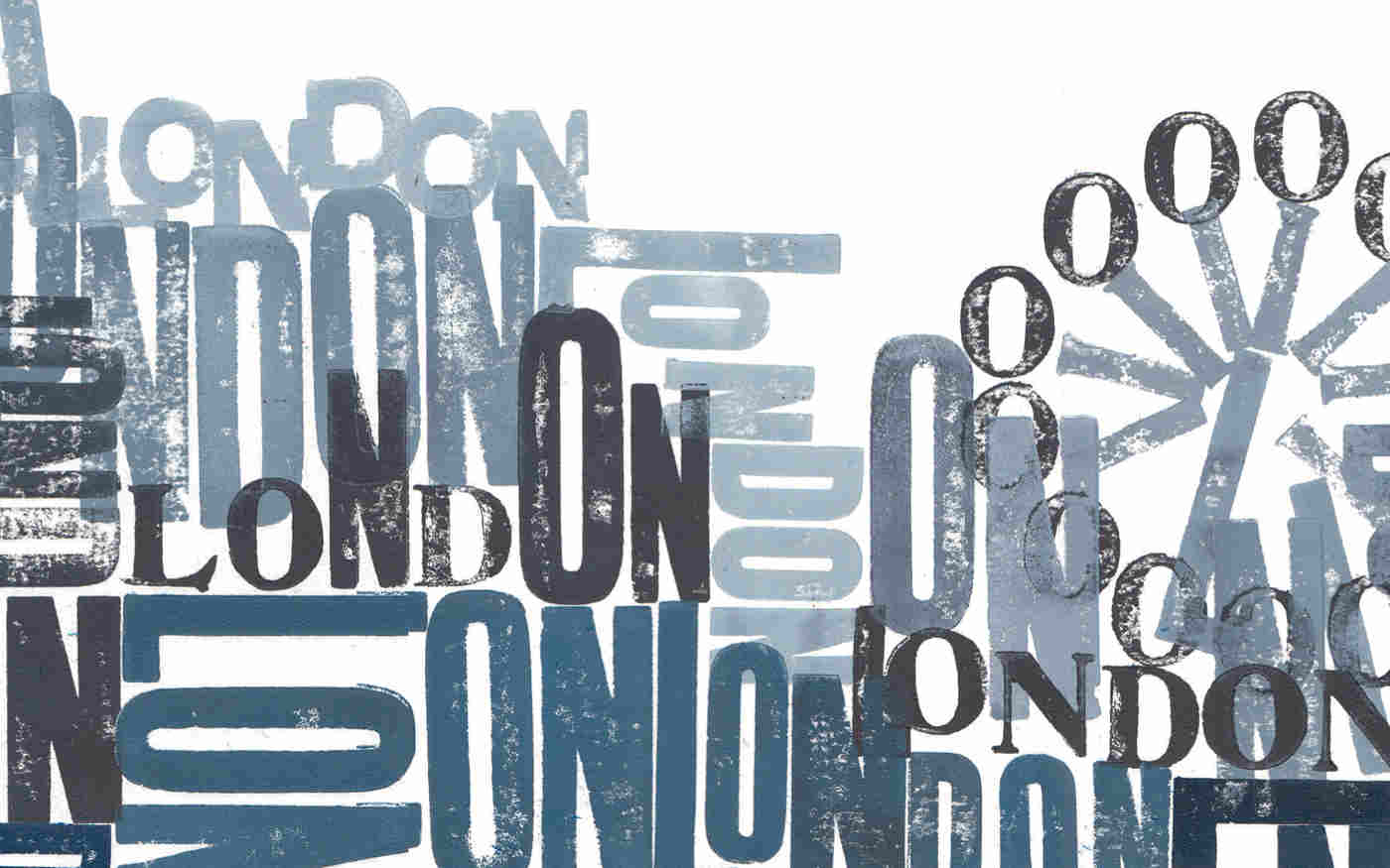 Photograph of the word London and parts of the London skyline using blue letterpress printing techniques