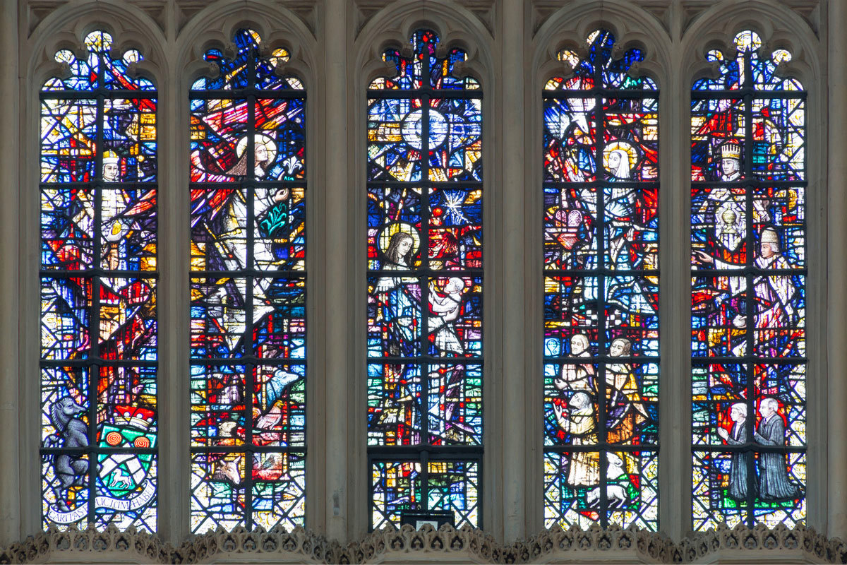 Photograph of stained glass window within the Lady Chapel showing the Nativity scene