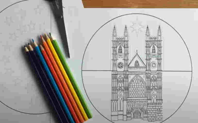 Photograph of Abbey Advent Calendar template and colouring pencils