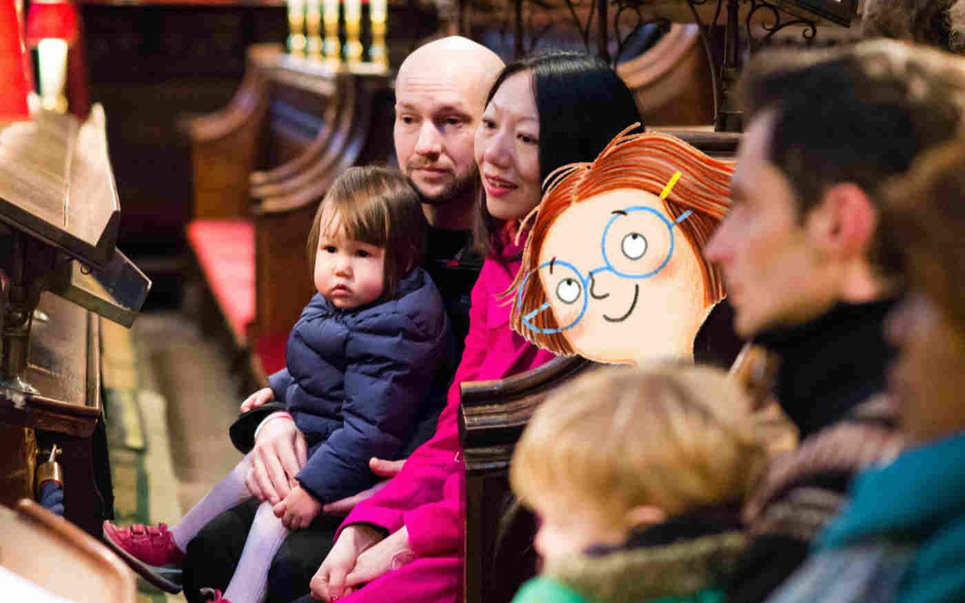 Photograph of adults and children sitting listening within the quire stalls of Westminster Abbey with an illustrated head of a girl who is also listening