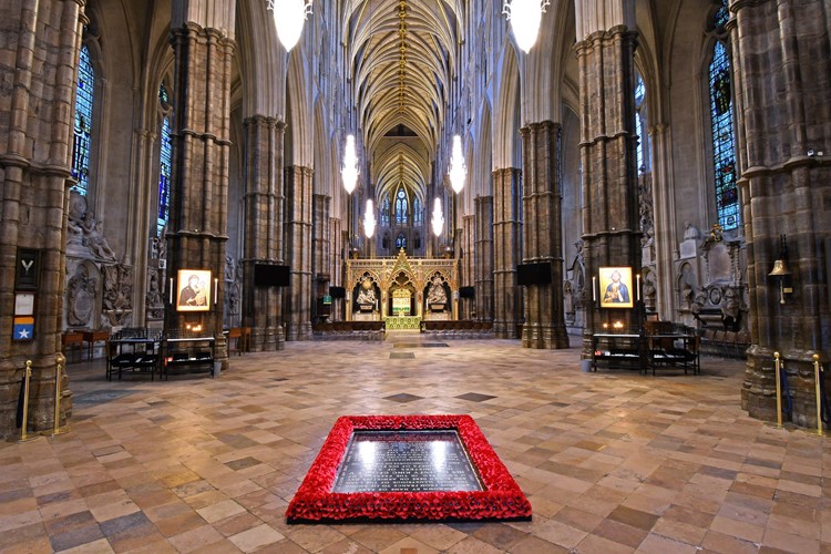 A view down through the nave of Westminster Abbey, with the Grave of the Unknown Warrior in the foreground