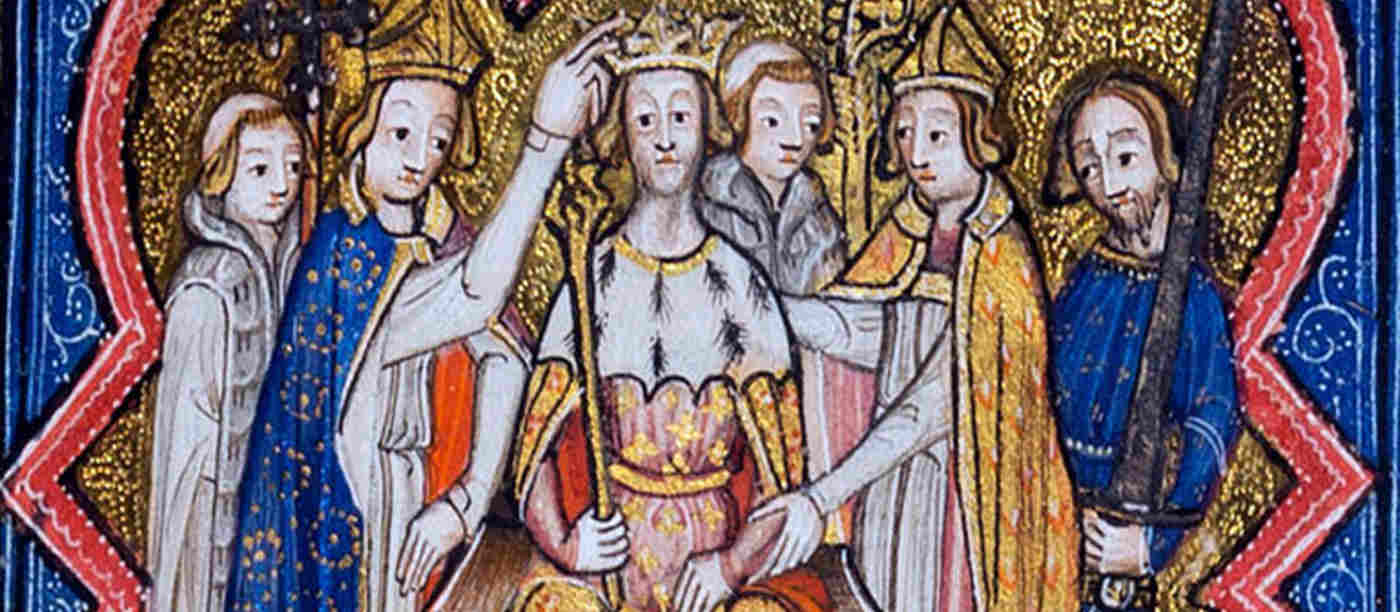 Photograph of a page of a medieval manuscript showing a king being crowned to promote the royalty page for families at Westminster Abbey
