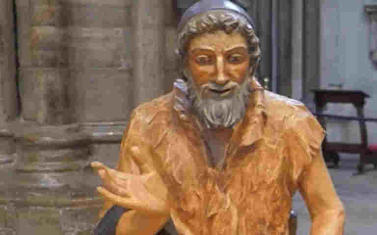Photograph of a shepherd in the nativity scene at Westminster Abbey, representing the shepherds in the Bible