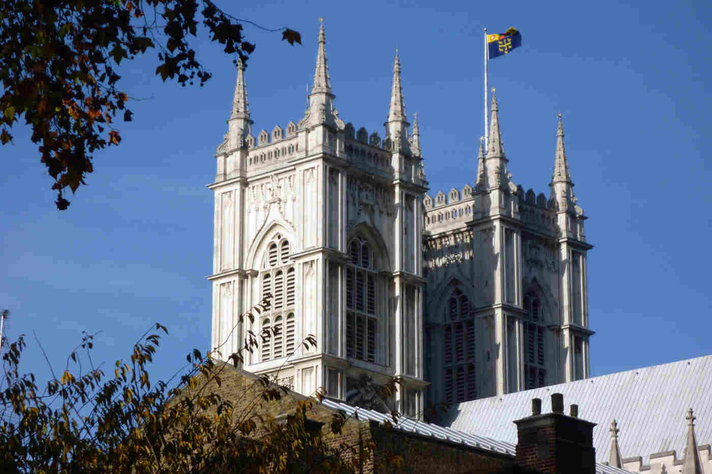 The West Towers of Westminster Abbey with the Abbey flag flying