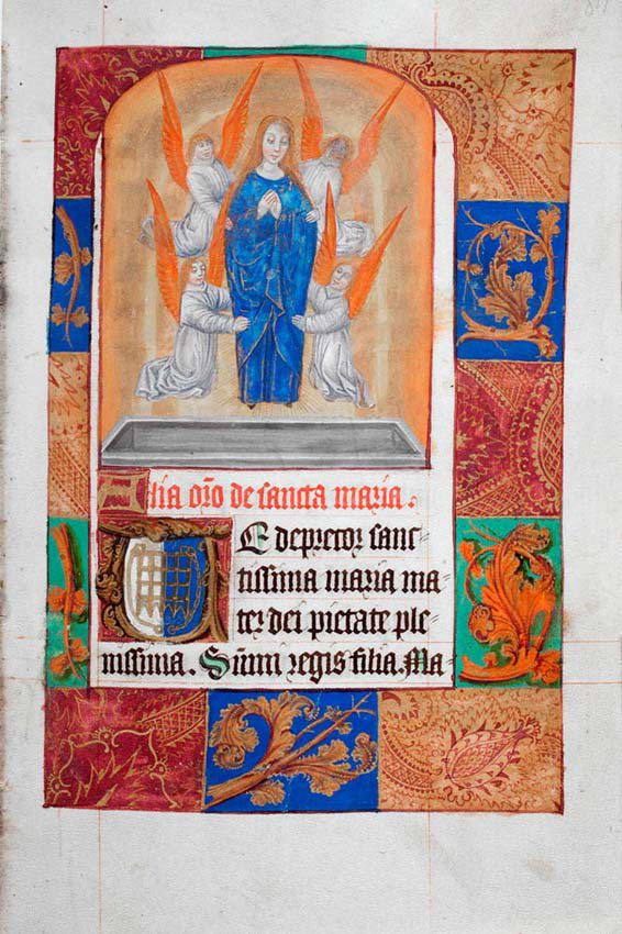 Illuminated manuscript showing the Virgin Mary surrounded by angels