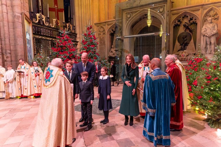 The Prince and Princess of Wales with their children greeting clergy as they arrive inside Westminster Abbey for a service