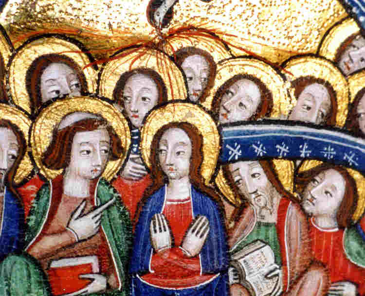 Photograph of Christian artwork showing the Holy Spirit as a dove and Jesus' disciples, representing shapes and symbols in Christian art