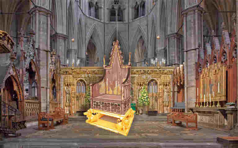 Illustration of the Coronation Chair overlaid onto a photograph of the High Altar and Cosmati Pavement, representing the third episode of Coronation Club