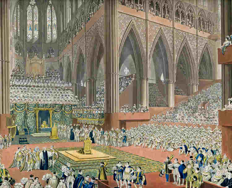 Illustration of King George IV's coronation in Westminster Abbey in 1821, representing a selection of coronation debate topics