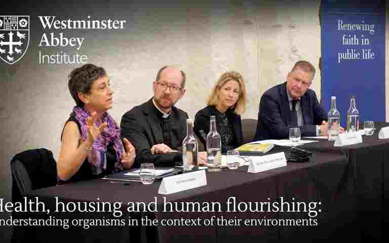 Thumbnail of YouTube video featuring four people at a panel discussion. Text - Health, housing and human flourising: Understanding organisms in the context of their environments