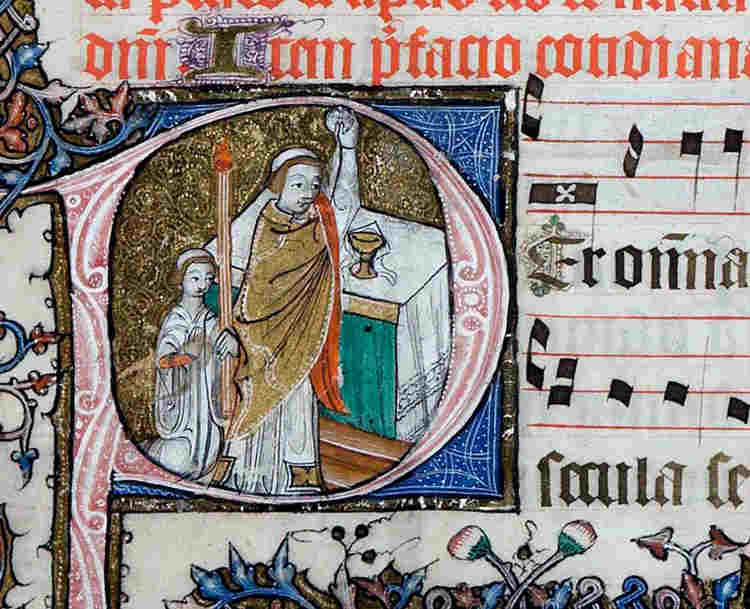 Photograph of an illuminated manuscript showing the Eucharist, representing a Westminster Abbey lesson on the Eucharist for KS4 classes